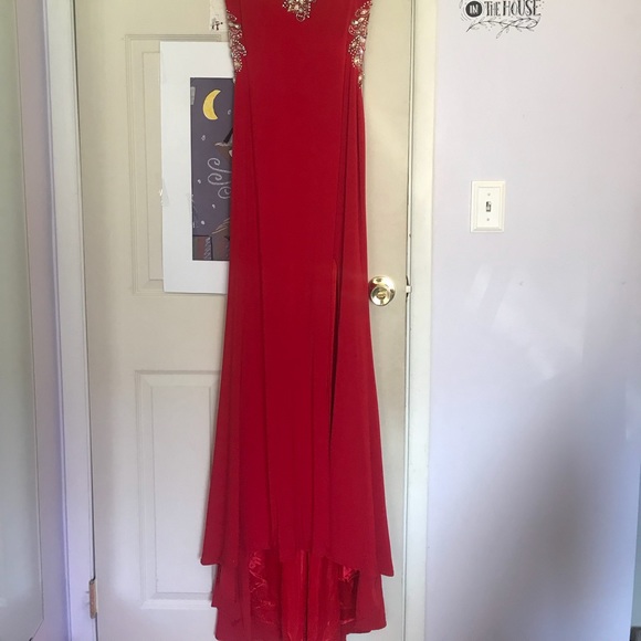 30266 Red Draped Back Train Slit Dress